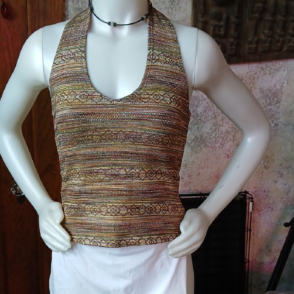 Sleeveless Halter Knit Tank Top in Brown Multi